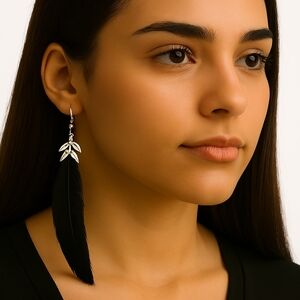 Boho Black Feather Earrings – Silver Leaf Drop Statement Women's Fashion Jewelry